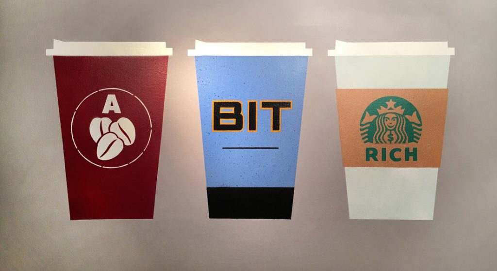 Picture of artwork portraying coffee cups from Costa, Nero and Starbucks