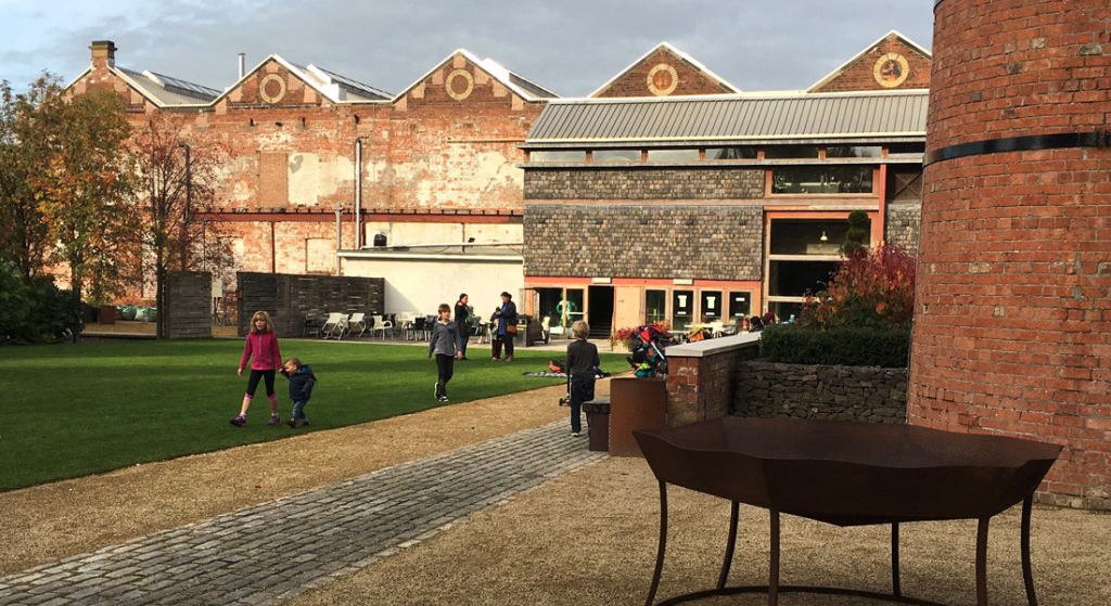 View of the Tramway theatre from the Secret Garden in Pollockshields