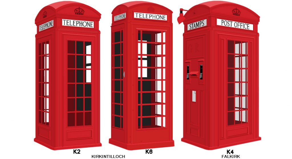 K2, K6 and K4 red telephone boxes
