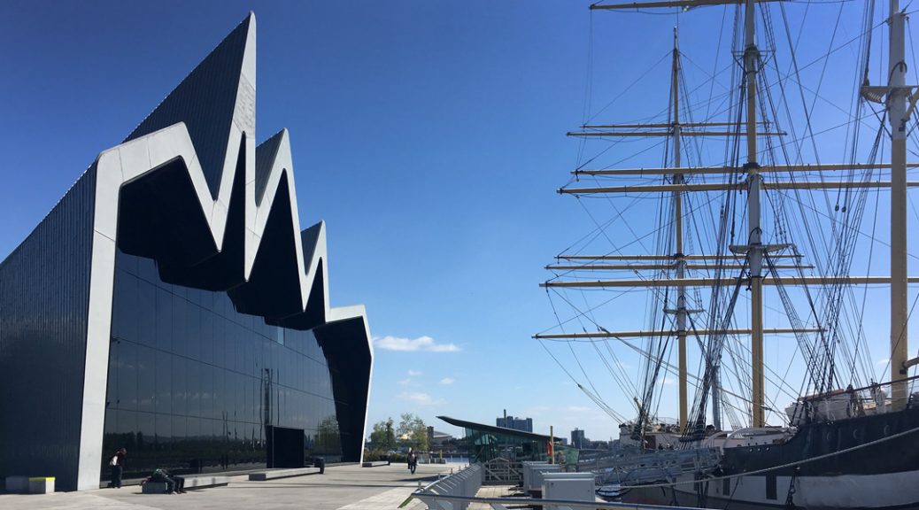 External view of Glasgow Riverside Museum with Glenlee tall ship