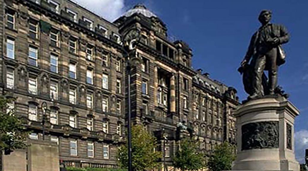 External view of Glasgow Royal Infirmary from Cathedral Square with David Livingstone statue