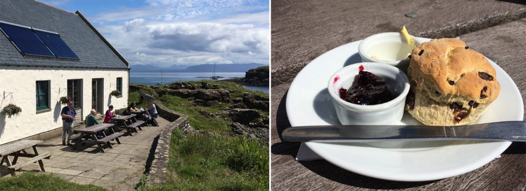 External view of Galmisdale Café & Bar on the Isle of Eigg with a scone
