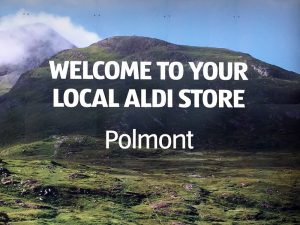 Aldi sign near Margo's Bakehouse, Polmont