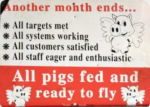 Pigs flying sign at the Mariners Coffee Shop in Drummore, Mull of Galloway