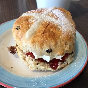 A hot cross scone at Blossoms tearoom and bistro at Torwood Garden Centre