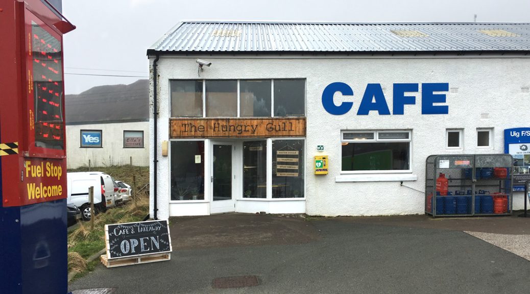 External view of the Hungry Gull Cafe in Uig, Isle of Skye