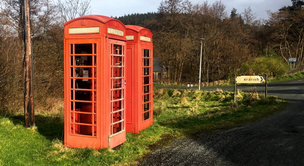 Two K6 telephone boxes at Inverarish, Isle of Raasay