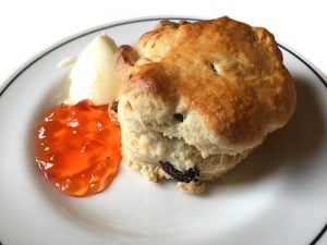 Pat's scone with cream and crab apple jelly
