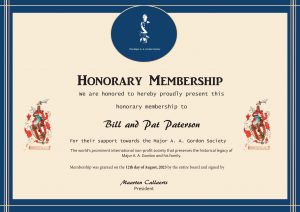 Honorary Membership certificate for Major A A Gordon Society